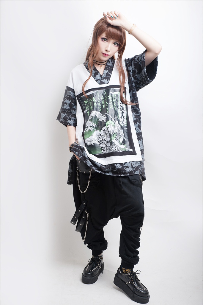 Jillpunkオリジナルスタイル V系KERA 津波浮世絵和風アシュラ三刀流武士VネックゆったりTシャツパンク V系 メンズ レディース