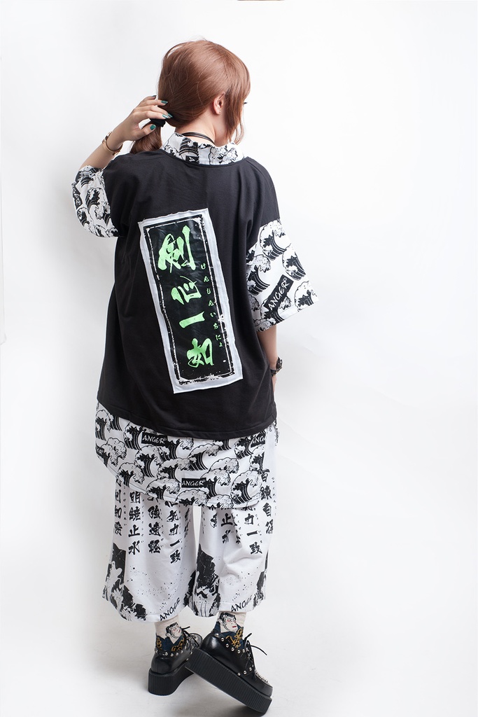 Jillpunkオリジナルスタイル V系KERA 津波浮世絵和風アシュラ三刀流武士VネックゆったりTシャツパンク V系 メンズ レディース