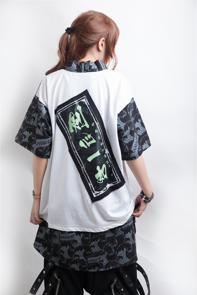 Jillpunkオリジナルスタイル V系KERA 津波浮世絵和風アシュラ三刀流武士VネックゆったりTシャツパンク V系 メンズ レディース