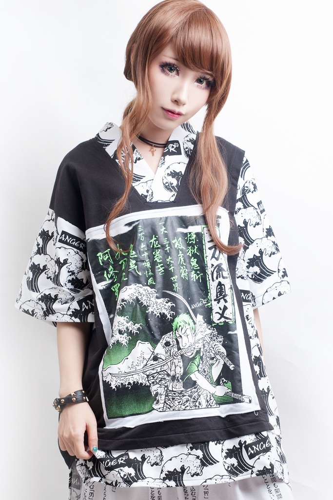 Jillpunkオリジナルスタイル V系KERA 津波浮世絵和風アシュラ三刀流武士VネックゆったりTシャツパンク V系 メンズ レディース