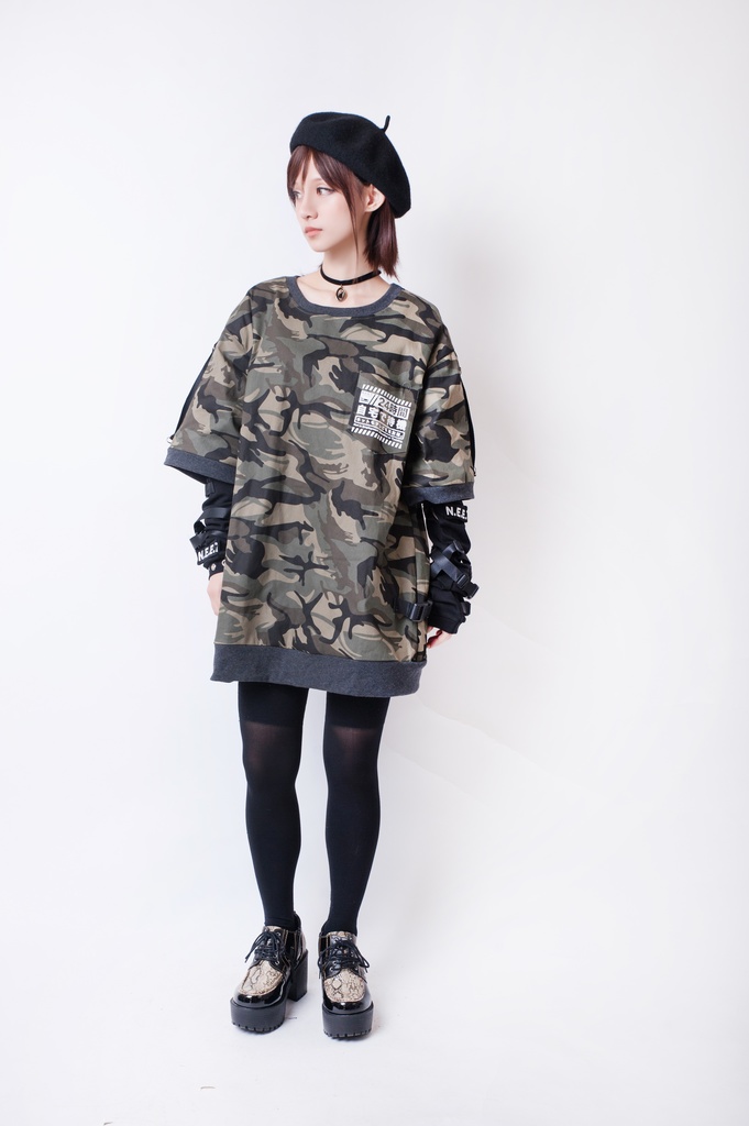 JillpunkオリジナルKERA アニメお宅二次コン 機動警察NEET自宅警備隊ミリタリー戦術アームカバー付きゆったり半袖Tシャツカットソー メンズ レディー V系 おしゃれ大きいサイズ男女兼用ファッション秋葉系カッコいい