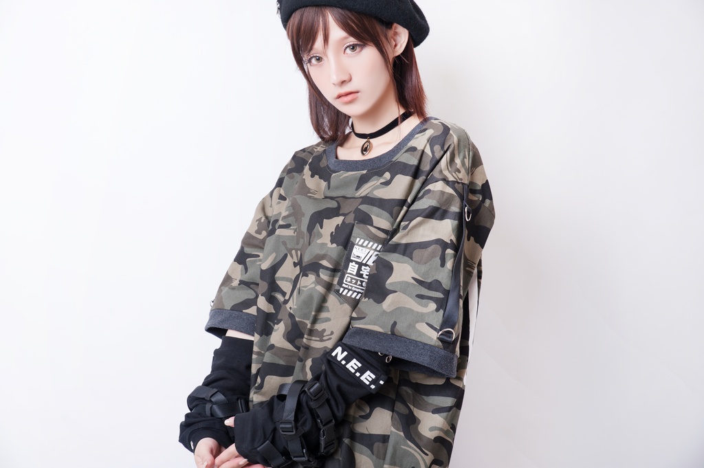 JillpunkオリジナルKERA アニメお宅二次コン 機動警察NEET自宅警備隊ミリタリー戦術アームカバー付きゆったり半袖Tシャツカットソー メンズ レディー V系 おしゃれ大きいサイズ男女兼用ファッション秋葉系カッコいい