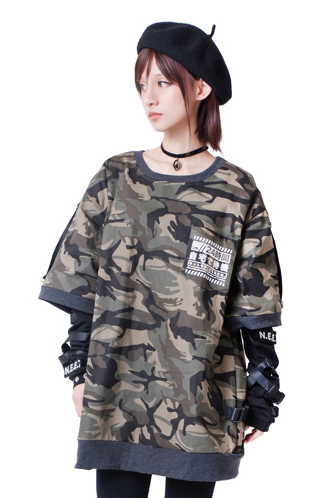 JillpunkオリジナルKERA アニメお宅二次コン 機動警察NEET自宅警備隊ミリタリー戦術アームカバー付きゆったり半袖Tシャツカットソー メンズ レディー V系 おしゃれ大きいサイズ男女兼用ファッション秋葉系カッコいい