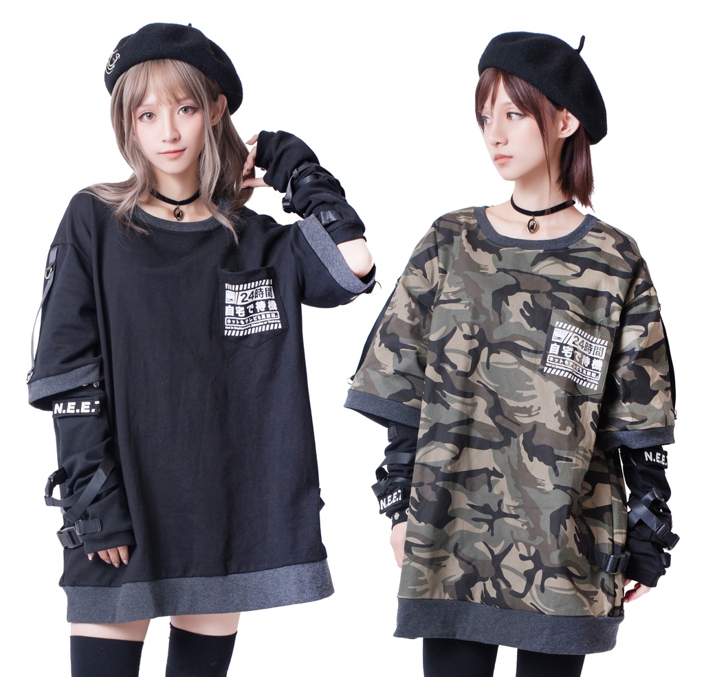 JillpunkオリジナルKERA アニメお宅二次コン 機動警察NEET自宅警備隊ミリタリー戦術アームカバー付きゆったり半袖Tシャツカットソー メンズ レディー V系 おしゃれ大きいサイズ男女兼用ファッション秋葉系カッコいい