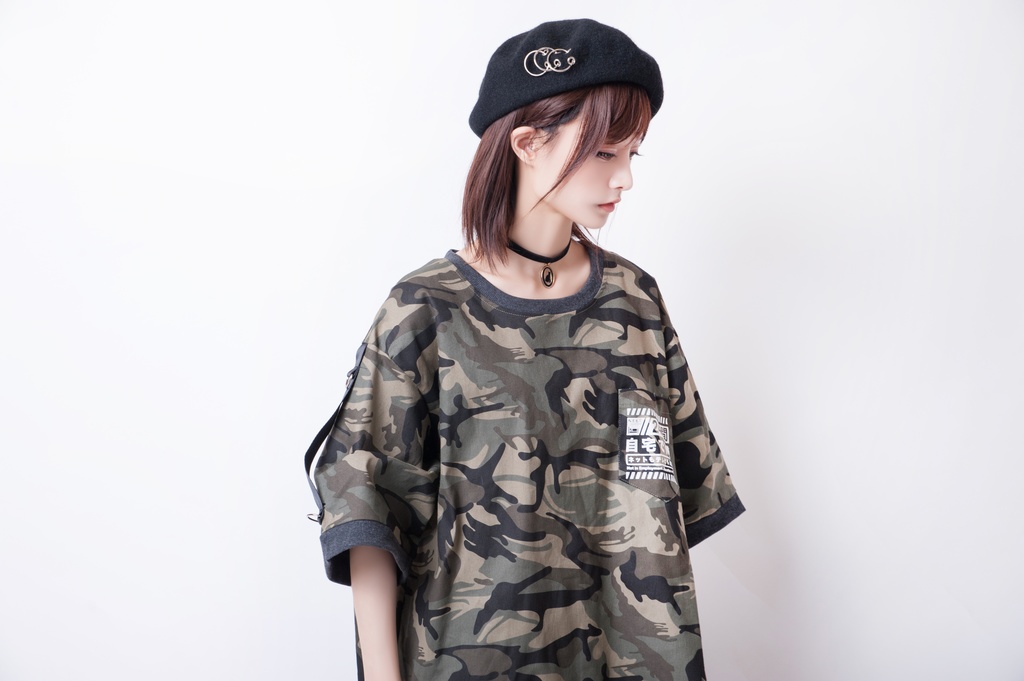 JillpunkオリジナルKERA アニメお宅二次コン 機動警察NEET自宅警備隊ミリタリー戦術アームカバー付きゆったり半袖Tシャツカットソー メンズ レディー V系 おしゃれ大きいサイズ男女兼用ファッション秋葉系カッコいい