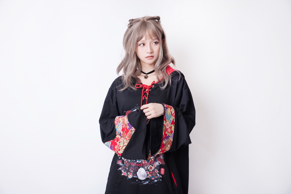 JillpunkオリジナルパンクKERA 狐仮面浪人花魁兎レースアップ和風扶桑花柄ゆったり長袖パーカー メンズ レディー V系カッコいい おしゃれ大きいサイズ男女兼用ファッション秋葉系可愛い