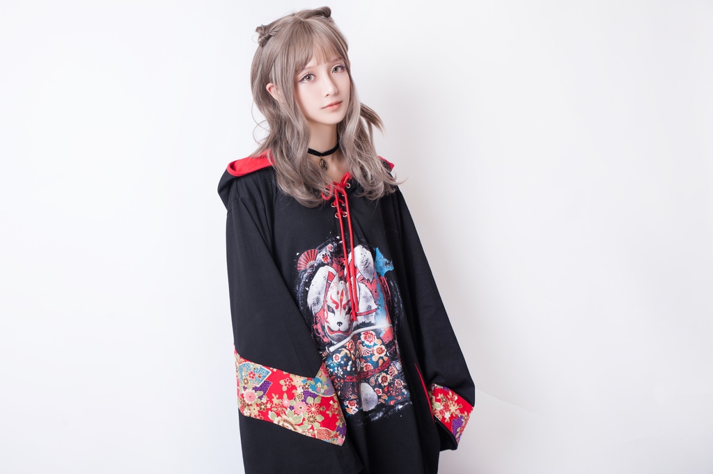 JillpunkオリジナルパンクKERA 狐仮面浪人花魁兎レースアップ和風扶桑花柄ゆったり長袖パーカー メンズ レディー V系カッコいい おしゃれ大きいサイズ男女兼用ファッション秋葉系可愛い