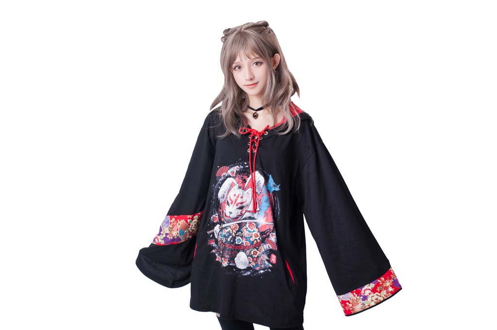 JillpunkオリジナルパンクKERA 狐仮面浪人花魁兎レースアップ和風扶桑花柄ゆったり長袖パーカー メンズ レディー V系カッコいい おしゃれ大きいサイズ男女兼用ファッション秋葉系可愛い