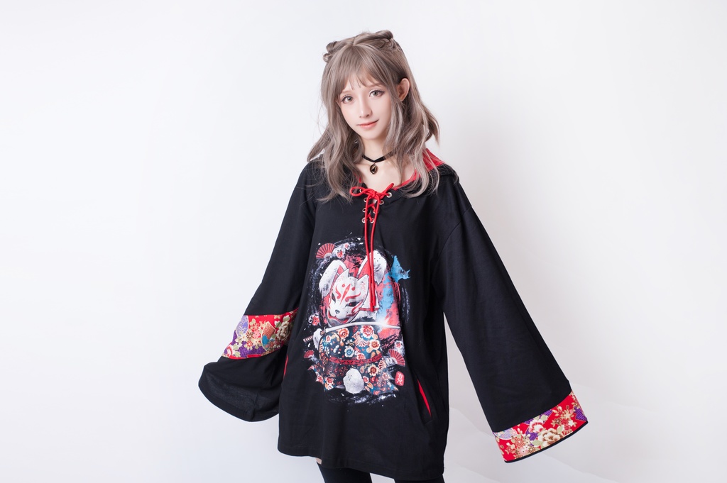 JillpunkオリジナルパンクKERA 狐仮面浪人花魁兎レースアップ和風扶桑花柄ゆったり長袖パーカー メンズ レディー V系カッコいい おしゃれ大きいサイズ男女兼用ファッション秋葉系可愛い