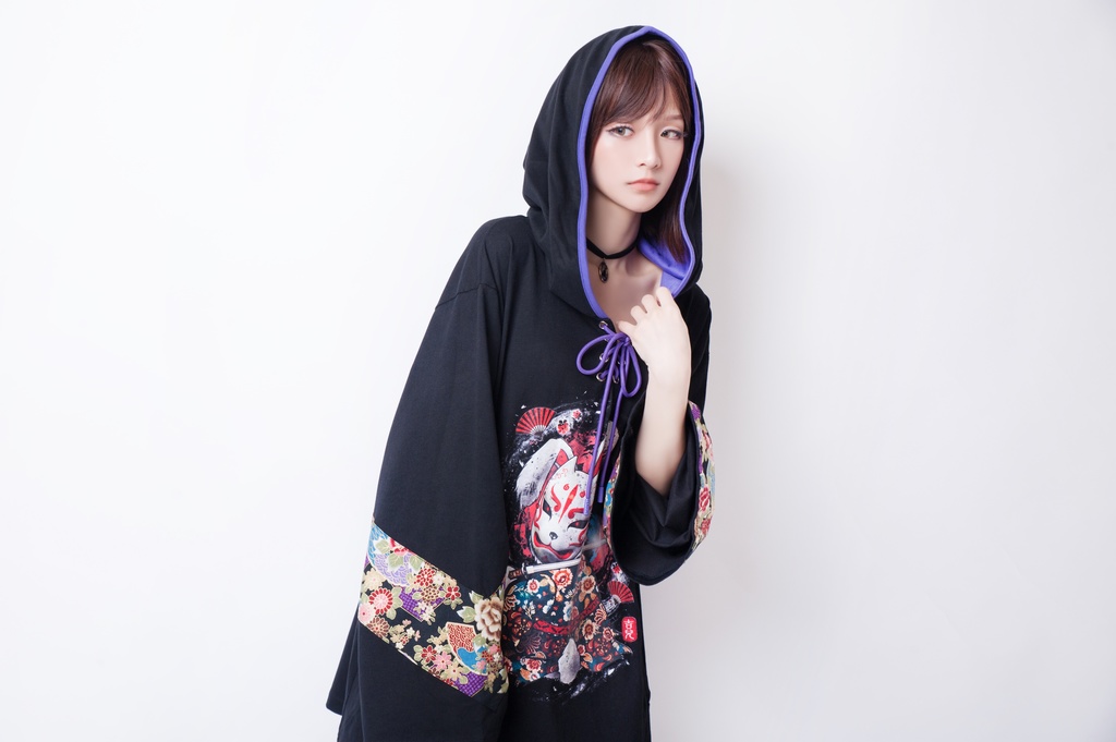 JillpunkオリジナルパンクKERA 狐仮面浪人花魁兎レースアップ和風扶桑花柄ゆったり長袖パーカー メンズ レディー V系カッコいい おしゃれ大きいサイズ男女兼用ファッション秋葉系可愛い