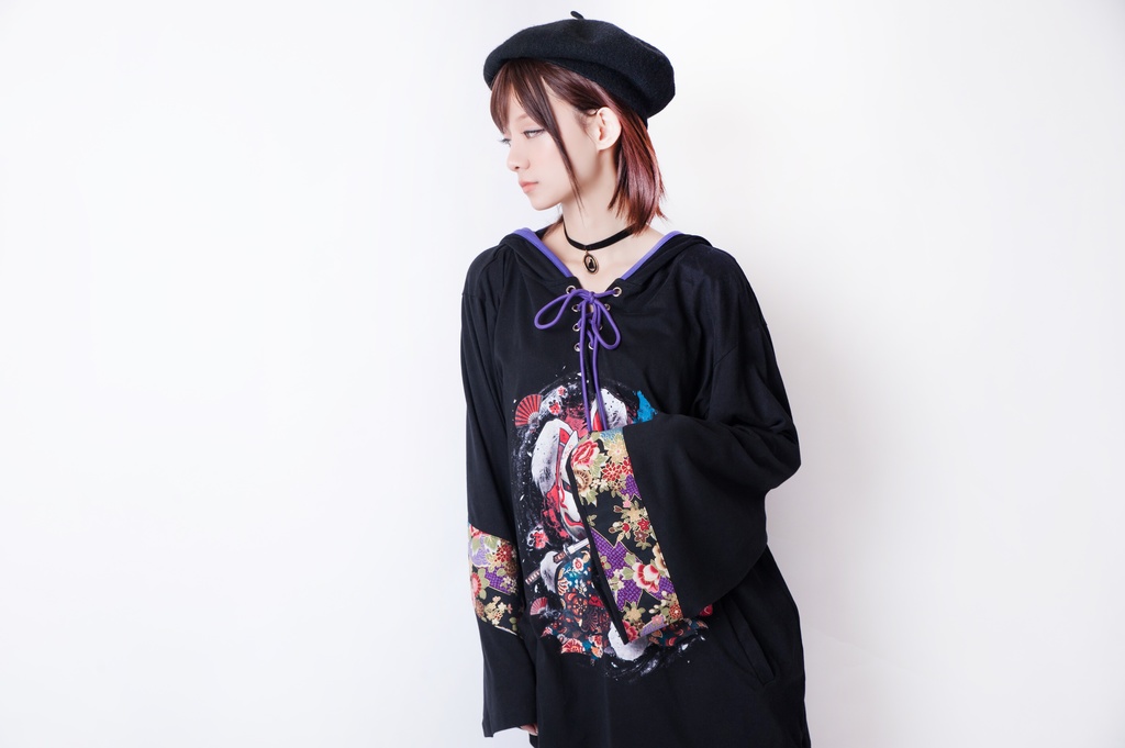 JillpunkオリジナルパンクKERA 狐仮面浪人花魁兎レースアップ和風扶桑花柄ゆったり長袖パーカー メンズ レディー V系カッコいい おしゃれ大きいサイズ男女兼用ファッション秋葉系可愛い