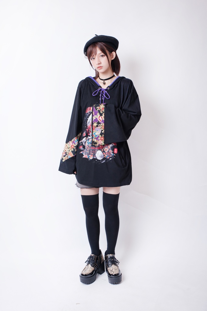 JillpunkオリジナルパンクKERA 狐仮面浪人花魁兎レースアップ和風扶桑花柄ゆったり長袖パーカー メンズ レディー V系カッコいい おしゃれ大きいサイズ男女兼用ファッション秋葉系可愛い