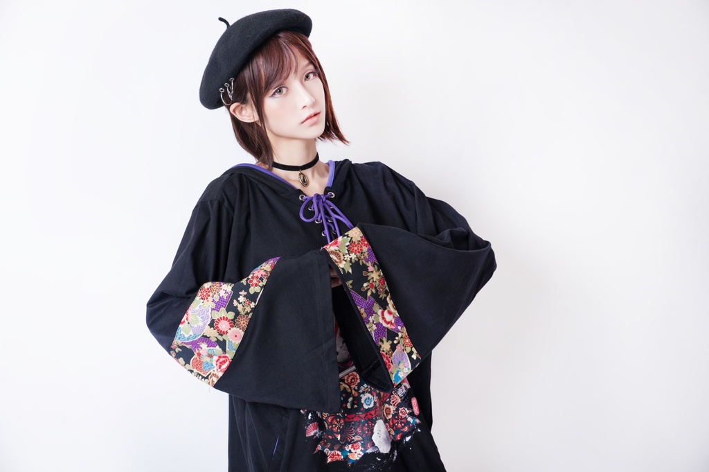 JillpunkオリジナルパンクKERA 狐仮面浪人花魁兎レースアップ和風扶桑花柄ゆったり長袖パーカー メンズ レディー V系カッコいい おしゃれ大きいサイズ男女兼用ファッション秋葉系可愛い