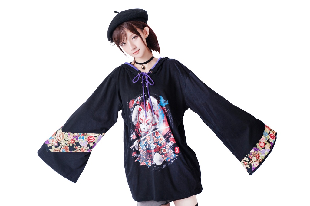 JillpunkオリジナルパンクKERA 狐仮面浪人花魁兎レースアップ和風扶桑花柄ゆったり長袖パーカー メンズ レディー V系カッコいい おしゃれ大きいサイズ男女兼用ファッション秋葉系可愛い