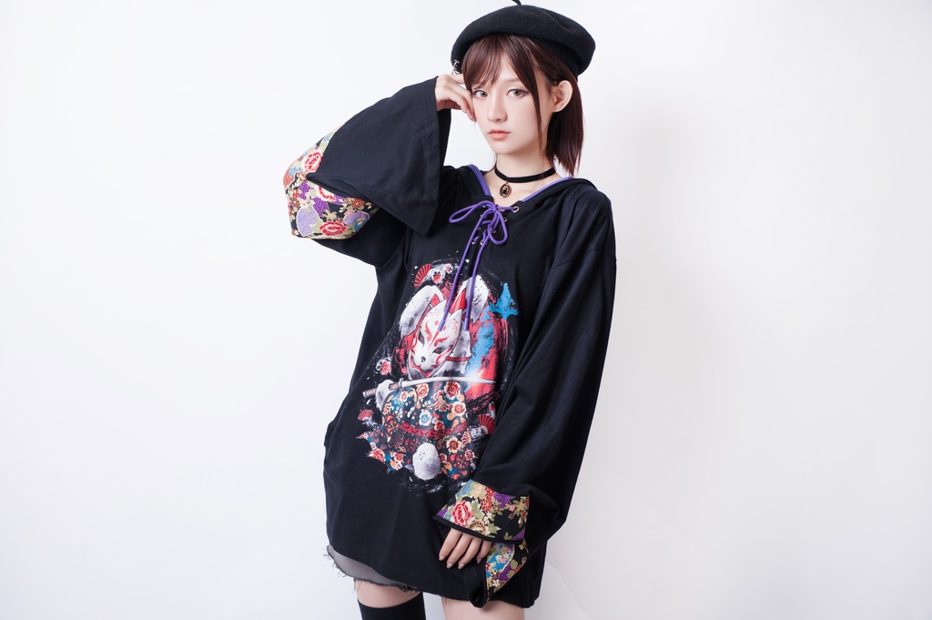 JillpunkオリジナルパンクKERA 狐仮面浪人花魁兎レースアップ和風扶桑花柄ゆったり長袖パーカー メンズ レディー V系カッコいい おしゃれ大きいサイズ男女兼用ファッション秋葉系可愛い