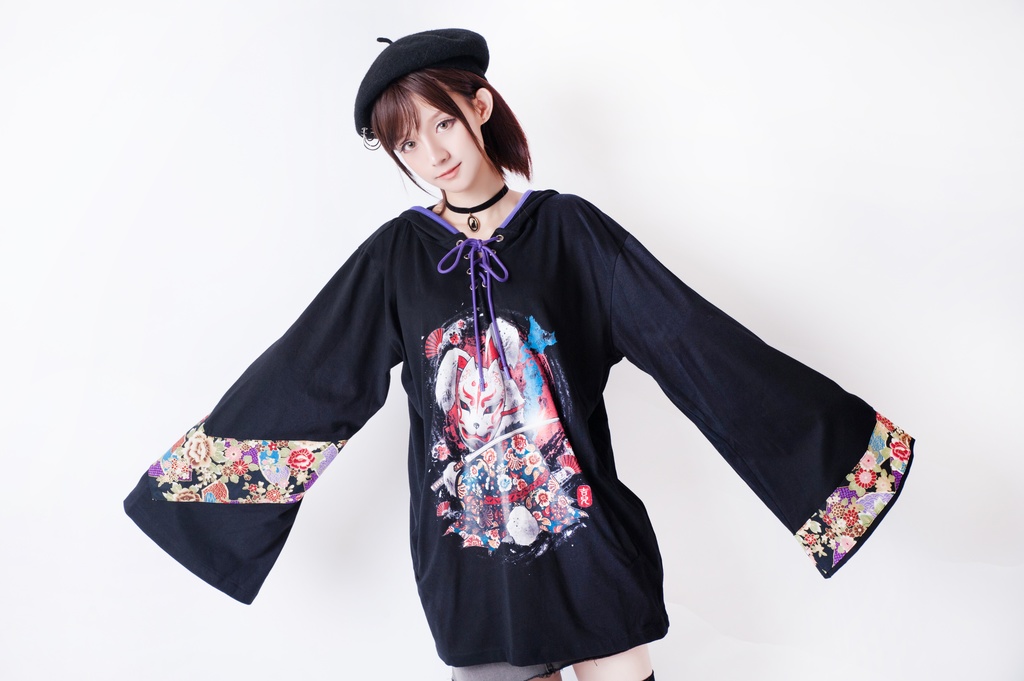 JillpunkオリジナルパンクKERA 狐仮面浪人花魁兎レースアップ和風扶桑花柄ゆったり長袖パーカー メンズ レディー V系カッコいい おしゃれ大きいサイズ男女兼用ファッション秋葉系可愛い
