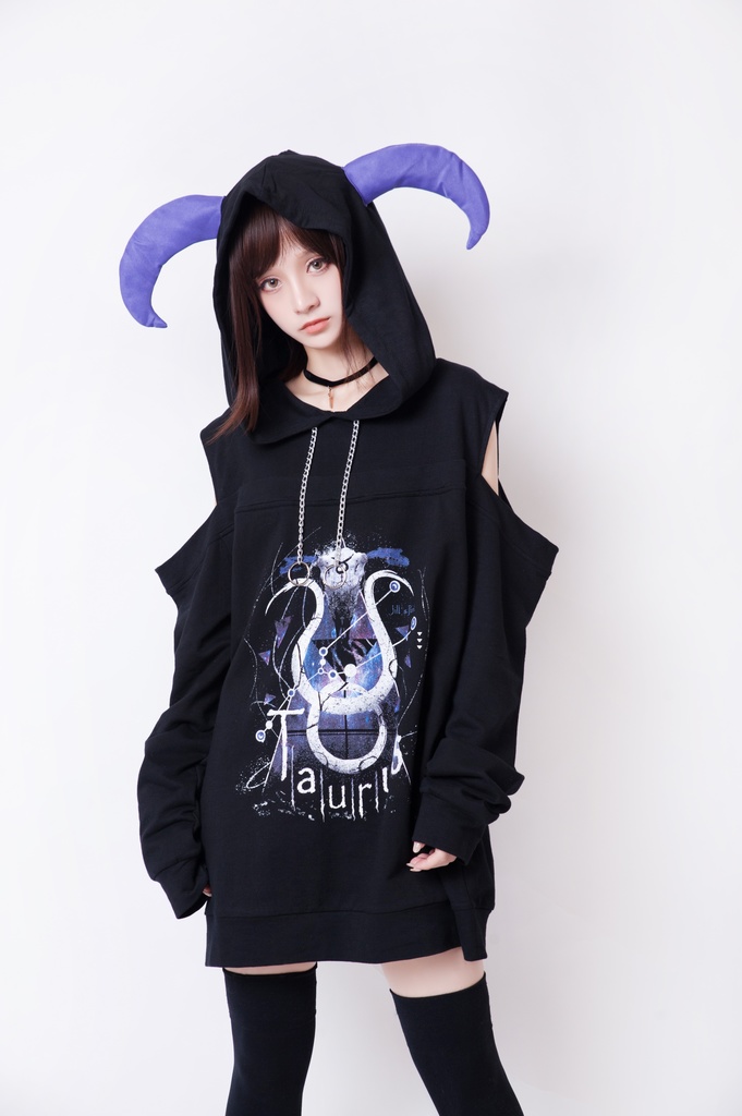 JillpunkオリジナルパンクKERA 天の牡牛アストロラーベおうし座牛ホーンオフショルダーゆったり長袖パーカー メンズ レディー V系カッコいい おしゃれ大きいサイズ男女兼用ファッション秋葉系