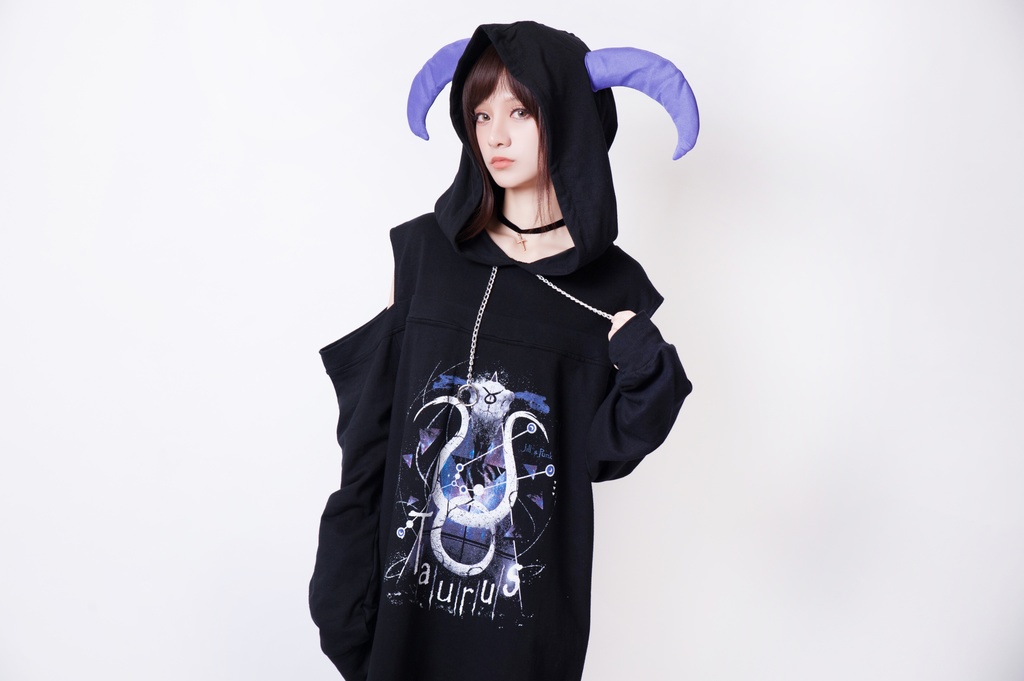 JillpunkオリジナルパンクKERA 天の牡牛アストロラーベおうし座牛ホーンオフショルダーゆったり長袖パーカー メンズ レディー V系カッコいい おしゃれ大きいサイズ男女兼用ファッション秋葉系