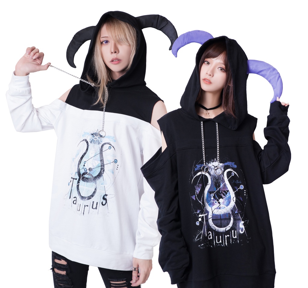 JillpunkオリジナルパンクKERA 天の牡牛アストロラーベおうし座牛ホーンオフショルダーゆったり長袖パーカー メンズ レディー V系カッコいい おしゃれ大きいサイズ男女兼用ファッション秋葉系