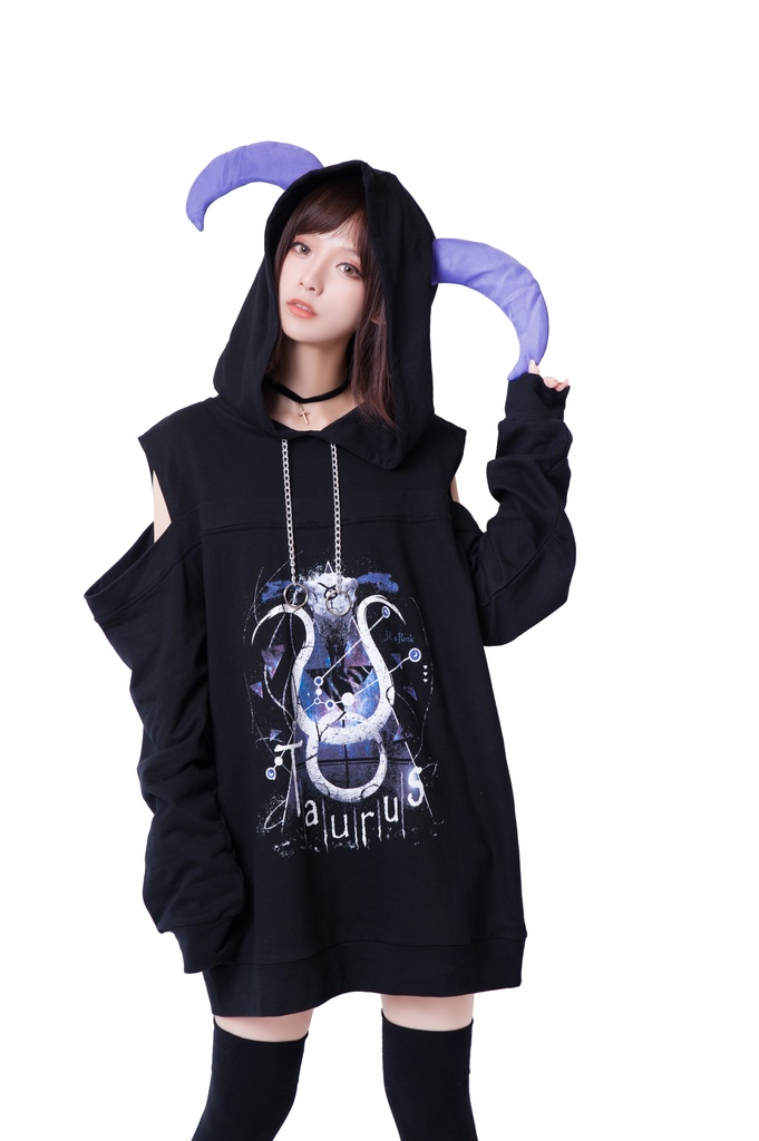 JillpunkオリジナルパンクKERA 天の牡牛アストロラーベおうし座牛ホーンオフショルダーゆったり長袖パーカー メンズ レディー V系カッコいい おしゃれ大きいサイズ男女兼用ファッション秋葉系