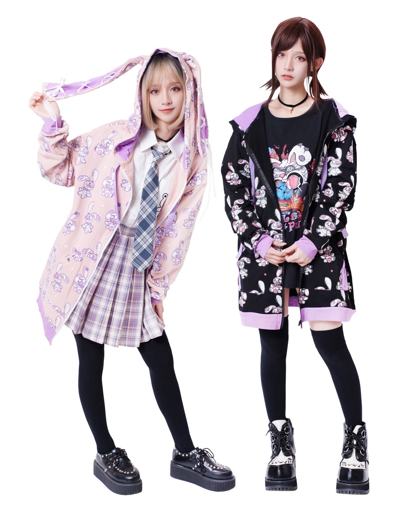 JillpunkオリジナルパンクKERA 北海海賊兎うさぎ耳リボンポンポン尾ピンゆったり長袖パーカーオーバサイズジャケット ロリータメンズ レディー V系可愛いおしゃれ大きいサイズ男女兼用ファッション秋葉系萌え