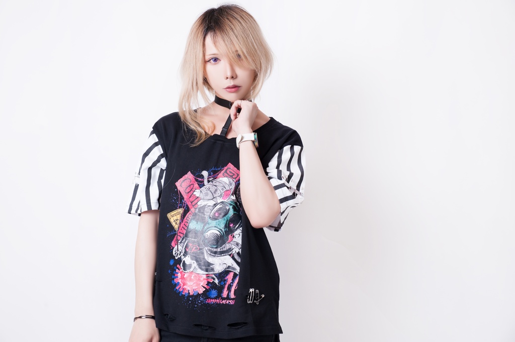 JillpunkオリジナルKERA 16周年記念疫病神ウサギうさぎチョーカー付きカットアウトゆったりTシャツカットソー パンクメンズ レディースV系男女兼用ファッション秋葉系カッコいい