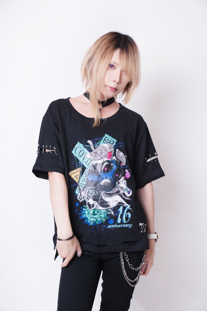 JillpunkオリジナルKERA 16周年記念疫病神ウサギうさぎチョーカー付きカットアウトゆったりTシャツカットソー パンクメンズ レディースV系男女兼用ファッション秋葉系カッコいい