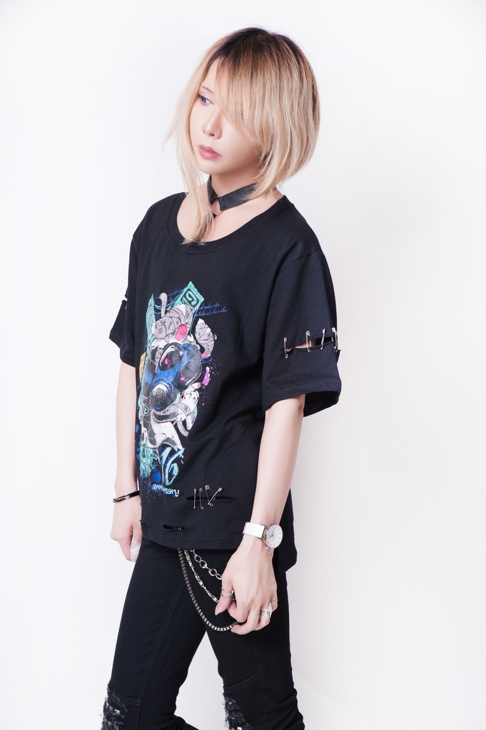 JillpunkオリジナルKERA 16周年記念疫病神ウサギうさぎチョーカー付きカットアウトゆったりTシャツカットソー パンクメンズ レディースV系男女兼用ファッション秋葉系カッコいい