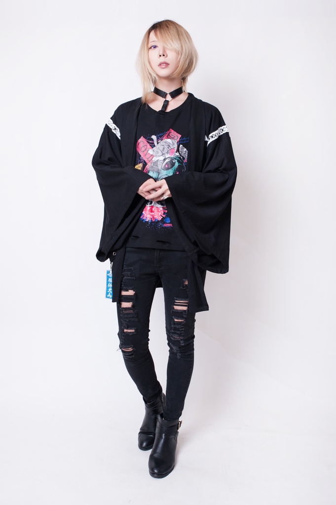 JillpunkオリジナルKERA 16周年記念疫病神ウサギうさぎチョーカー付きカットアウトゆったりTシャツカットソー パンクメンズ レディースV系男女兼用ファッション秋葉系カッコいい