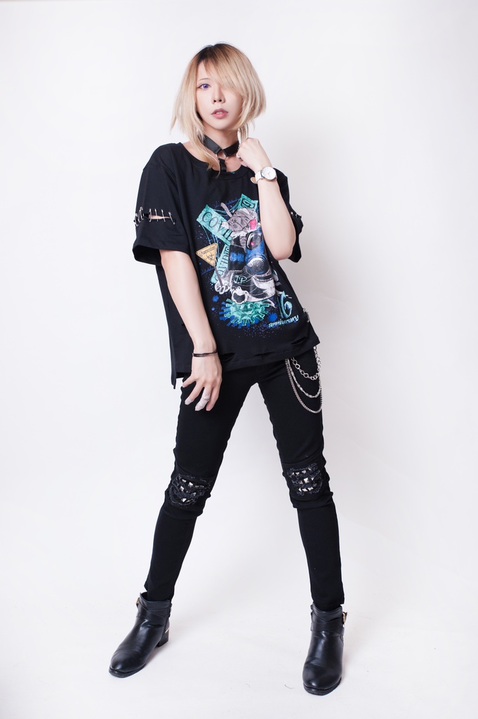 JillpunkオリジナルKERA 16周年記念疫病神ウサギうさぎチョーカー付きカットアウトゆったりTシャツカットソー パンクメンズ レディースV系男女兼用ファッション秋葉系カッコいい