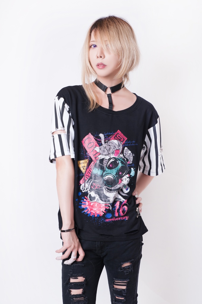 JillpunkオリジナルKERA 16周年記念疫病神ウサギうさぎチョーカー付きカットアウトゆったりTシャツカットソー パンクメンズ レディースV系男女兼用ファッション秋葉系カッコいい