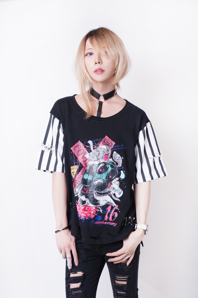 JillpunkオリジナルKERA 16周年記念疫病神ウサギうさぎチョーカー付きカットアウトゆったりTシャツカットソー パンクメンズ レディースV系男女兼用ファッション秋葉系カッコいい