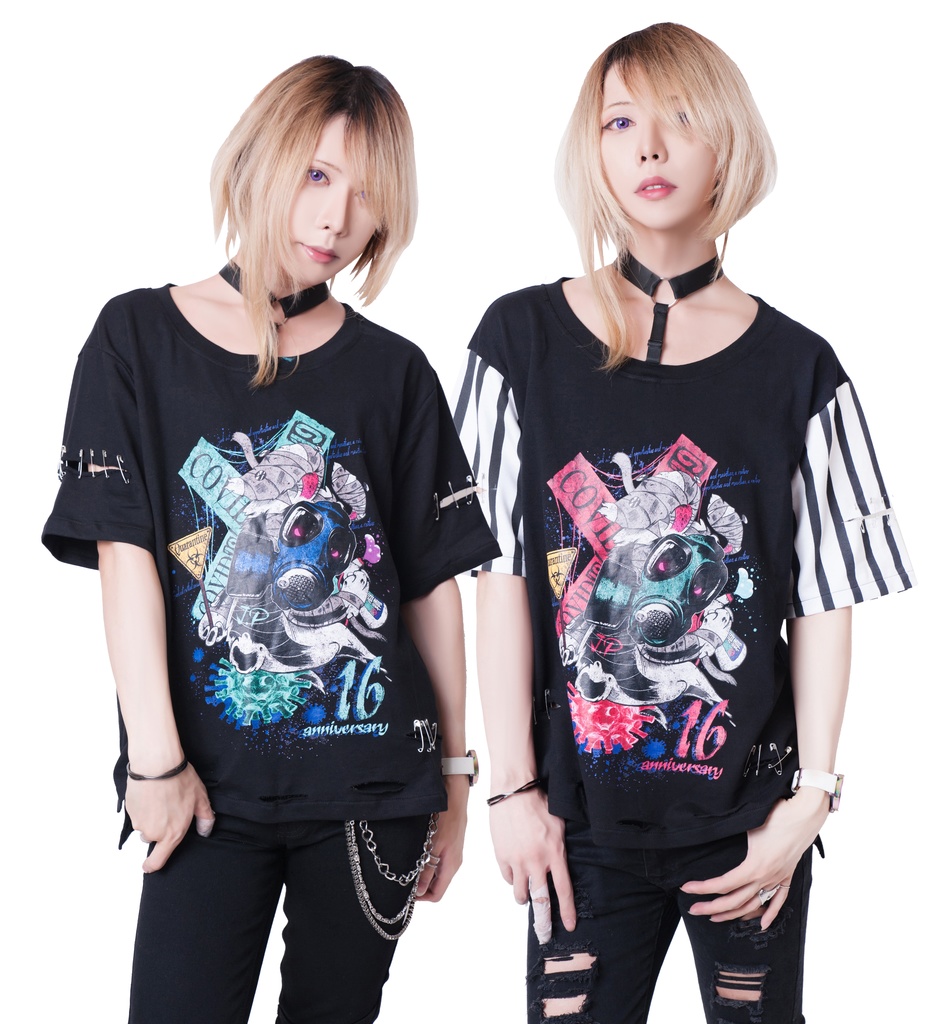 JillpunkオリジナルKERA 16周年記念疫病神ウサギうさぎチョーカー付きカットアウトゆったりTシャツカットソー パンクメンズ レディースV系男女兼用ファッション秋葉系カッコいい