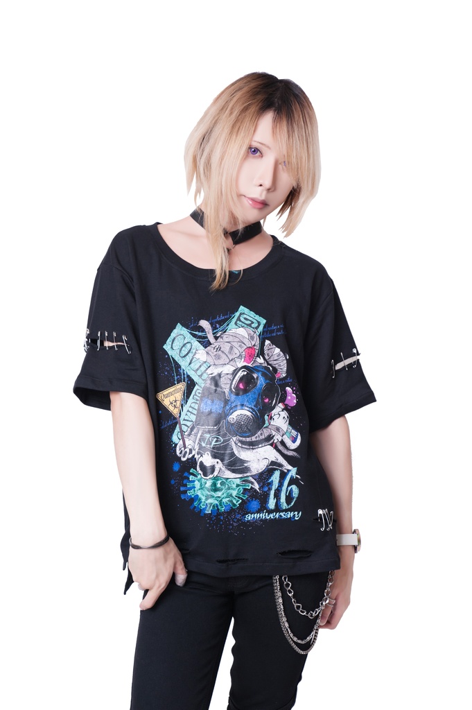 JillpunkオリジナルKERA 16周年記念疫病神ウサギうさぎチョーカー付きカットアウトゆったりTシャツカットソー パンクメンズ レディースV系男女兼用ファッション秋葉系カッコいい