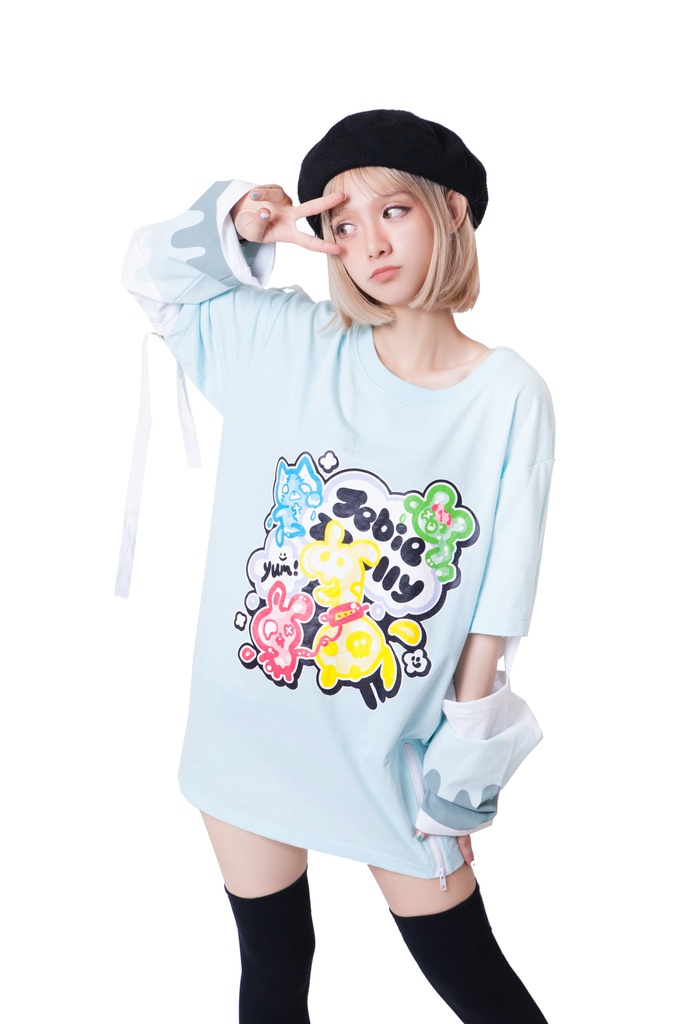 JillpunkオリジナルパンクKERA ゼリー菓子ゾンビアイスクリームプリントアームカバー付きゆったり半袖Tシャツカットソー メンズ レディー V系カッコいい おしゃれ大きいサイズ男女兼用ファッション秋葉系萌え可愛い
