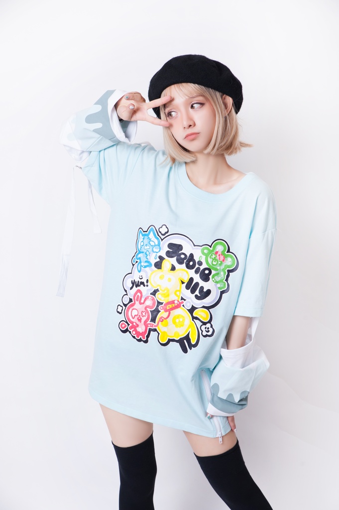 JillpunkオリジナルパンクKERA ゼリー菓子ゾンビアイスクリームプリントアームカバー付きゆったり半袖Tシャツカットソー メンズ レディー V系カッコいい おしゃれ大きいサイズ男女兼用ファッション秋葉系萌え可愛い