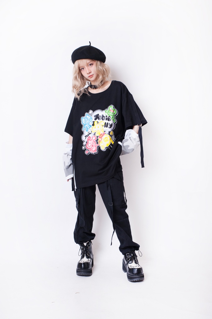 JillpunkオリジナルパンクKERA ゼリー菓子ゾンビアイスクリームプリントアームカバー付きゆったり半袖Tシャツカットソー メンズ レディー V系カッコいい おしゃれ大きいサイズ男女兼用ファッション秋葉系萌え可愛い