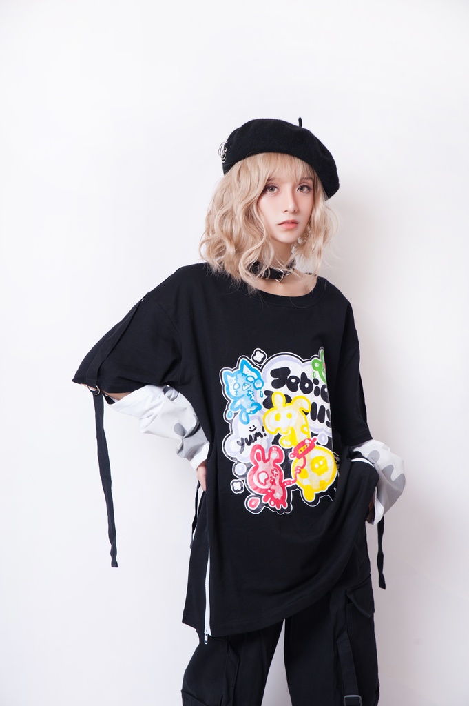 JillpunkオリジナルパンクKERA ゼリー菓子ゾンビアイスクリームプリントアームカバー付きゆったり半袖Tシャツカットソー メンズ レディー V系カッコいい おしゃれ大きいサイズ男女兼用ファッション秋葉系萌え可愛い