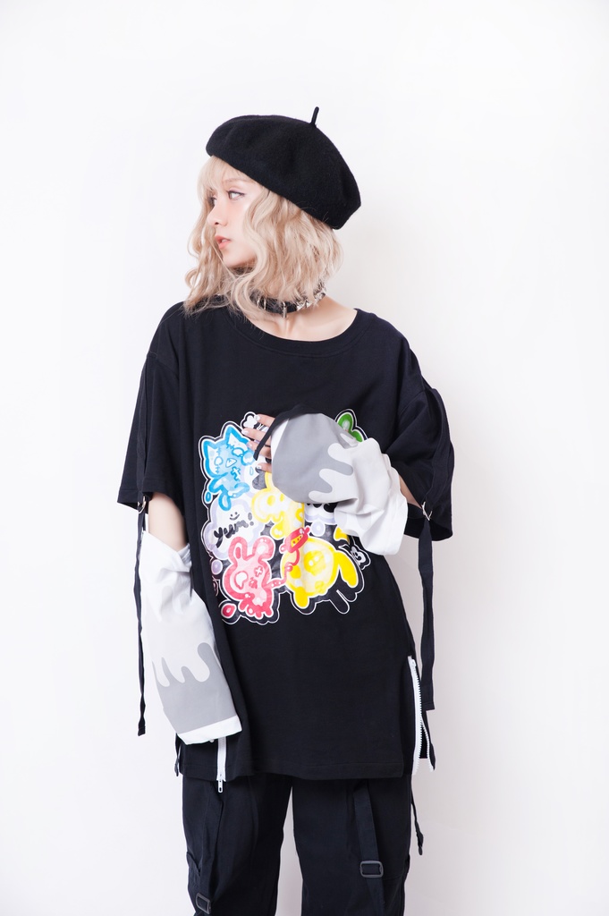 JillpunkオリジナルパンクKERA ゼリー菓子ゾンビアイスクリームプリントアームカバー付きゆったり半袖Tシャツカットソー メンズ レディー V系カッコいい おしゃれ大きいサイズ男女兼用ファッション秋葉系萌え可愛い