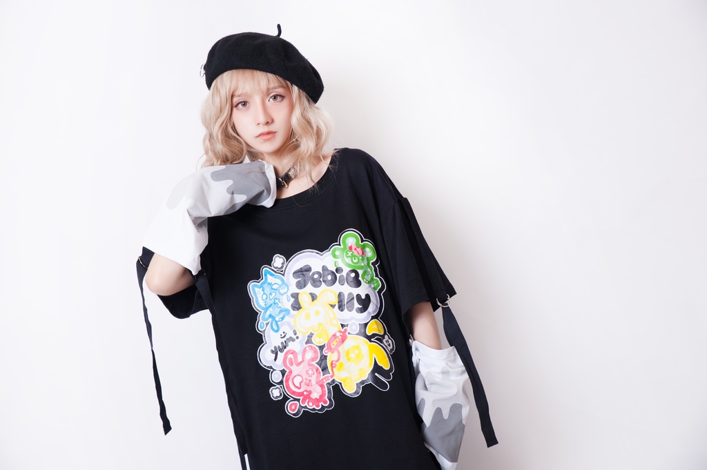 JillpunkオリジナルパンクKERA ゼリー菓子ゾンビアイスクリームプリントアームカバー付きゆったり半袖Tシャツカットソー メンズ レディー V系カッコいい おしゃれ大きいサイズ男女兼用ファッション秋葉系萌え可愛い
