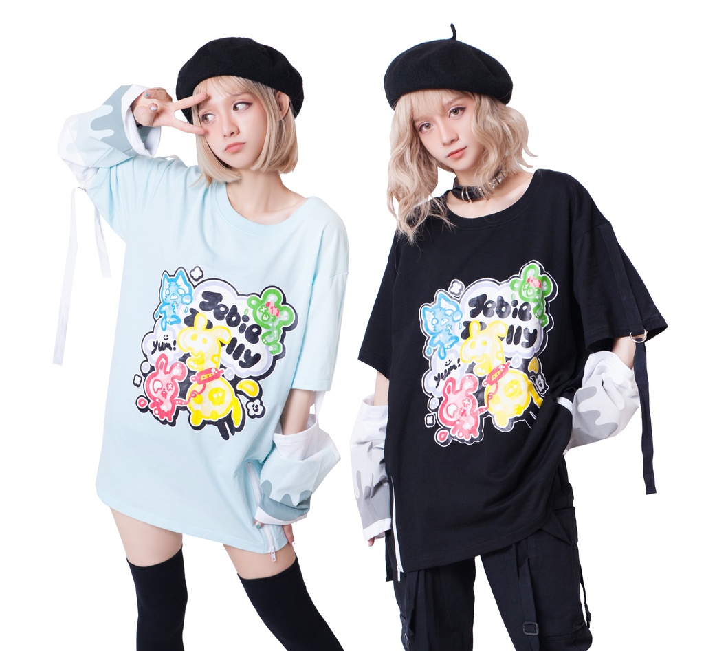 JillpunkオリジナルパンクKERA ゼリー菓子ゾンビアイスクリームプリントアームカバー付きゆったり半袖Tシャツカットソー メンズ レディー V系カッコいい おしゃれ大きいサイズ男女兼用ファッション秋葉系萌え可愛い