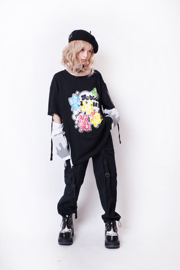 JillpunkオリジナルパンクKERA ゼリー菓子ゾンビアイスクリームプリントアームカバー付きゆったり半袖Tシャツカットソー メンズ レディー V系カッコいい おしゃれ大きいサイズ男女兼用ファッション秋葉系萌え可愛い