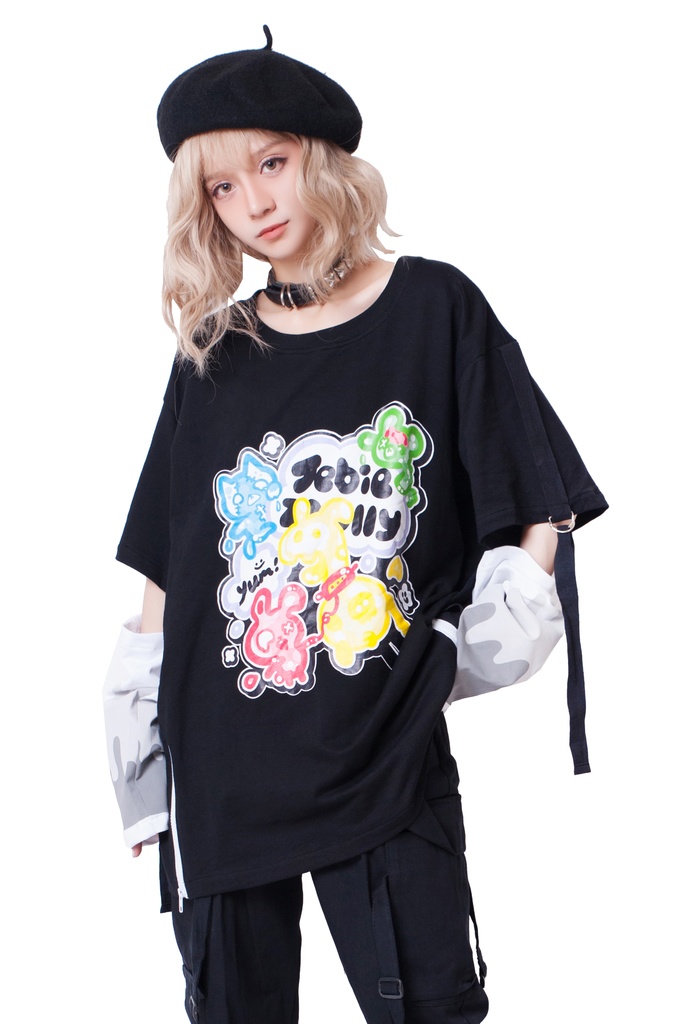 JillpunkオリジナルパンクKERA ゼリー菓子ゾンビアイスクリームプリントアームカバー付きゆったり半袖Tシャツカットソー メンズ レディー V系カッコいい おしゃれ大きいサイズ男女兼用ファッション秋葉系萌え可愛い