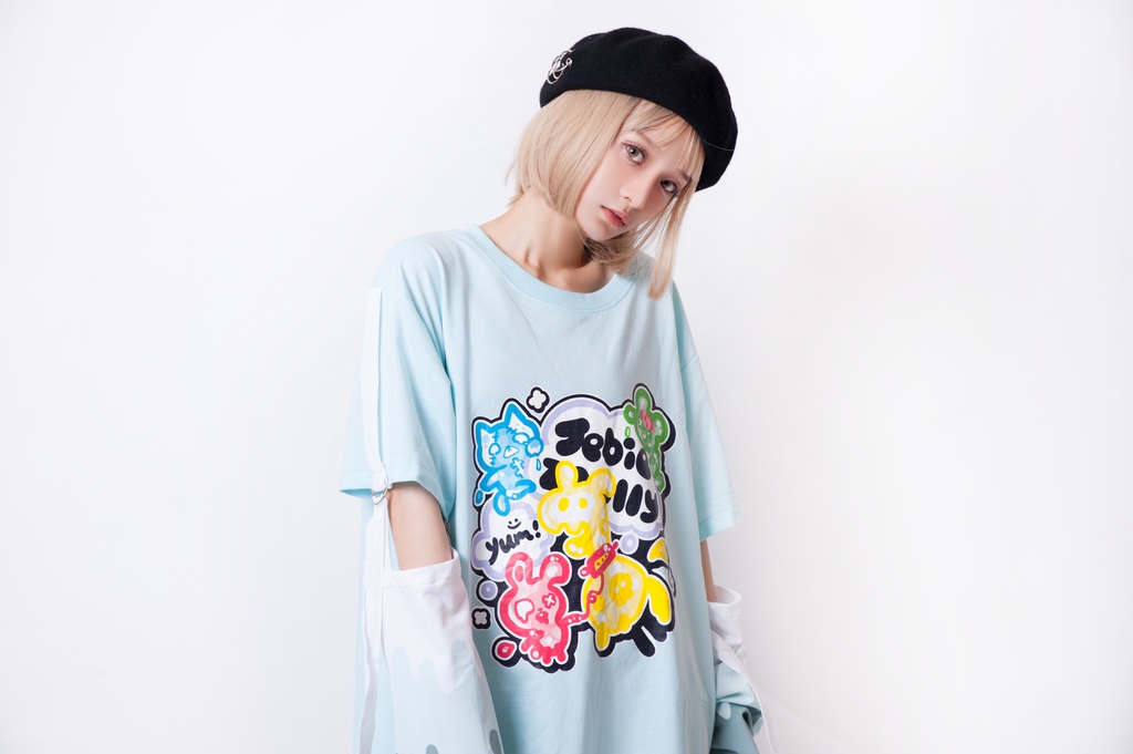 JillpunkオリジナルパンクKERA ゼリー菓子ゾンビアイスクリームプリントアームカバー付きゆったり半袖Tシャツカットソー メンズ レディー V系カッコいい おしゃれ大きいサイズ男女兼用ファッション秋葉系萌え可愛い