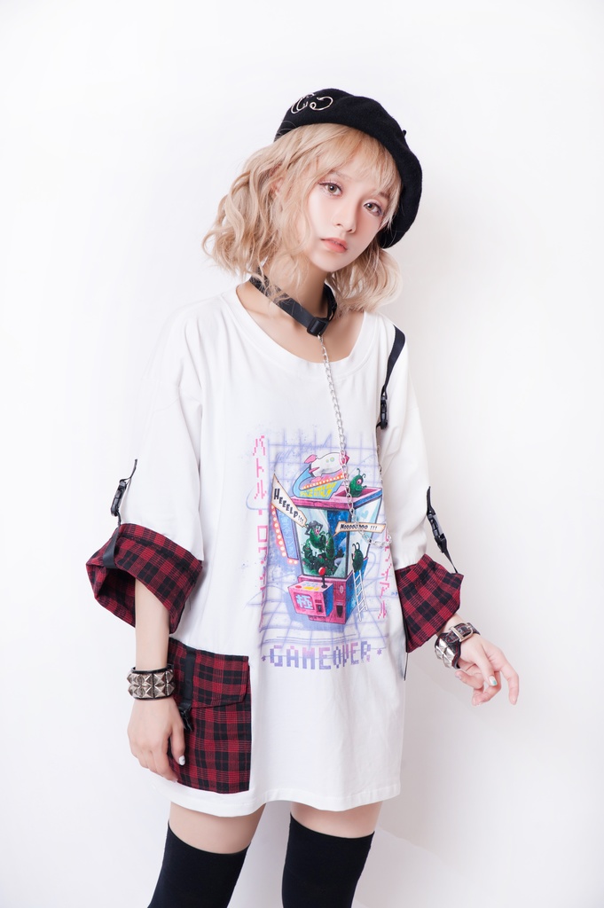 JillpunkオリジナルパンクKERA 銀河英雄キャッチャーUFOタータンチェック柄ゆったりチョーカー付き七分袖Tシャツカットソー ロリータメンズ レディー V系可愛いおしゃれ大きいサイズ男女兼用ファッション秋葉系萌え