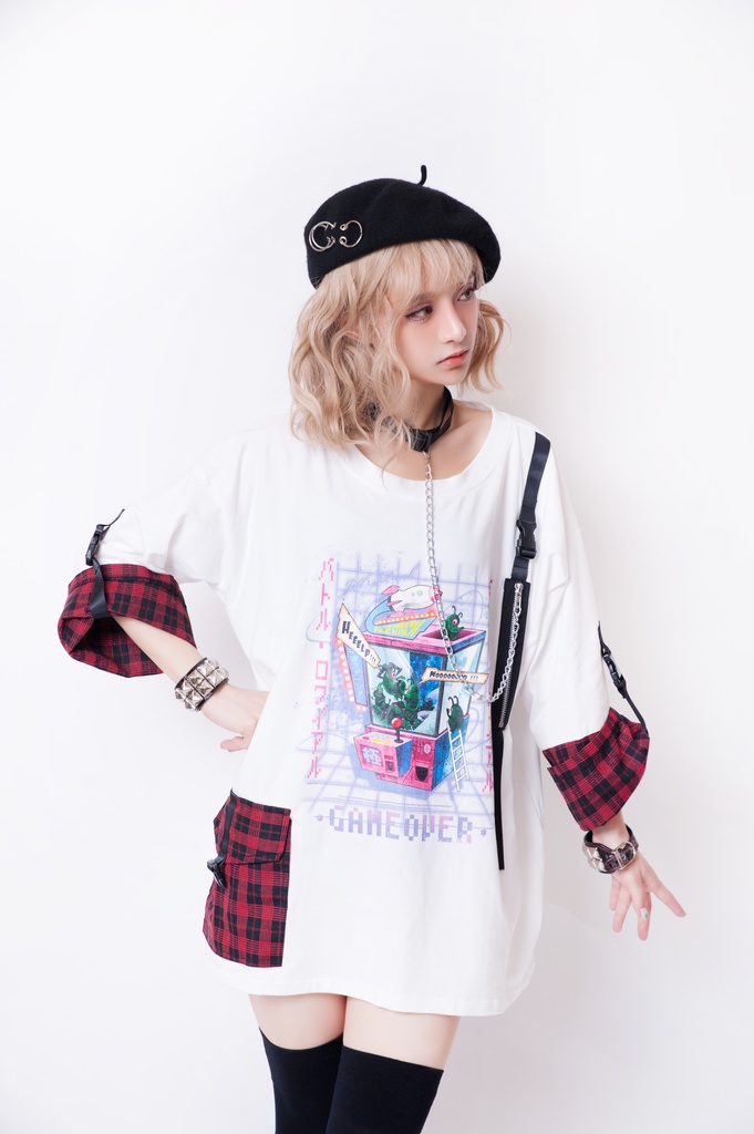 JillpunkオリジナルパンクKERA 銀河英雄キャッチャーUFOタータンチェック柄ゆったりチョーカー付き七分袖Tシャツカットソー ロリータメンズ レディー V系可愛いおしゃれ大きいサイズ男女兼用ファッション秋葉系萌え