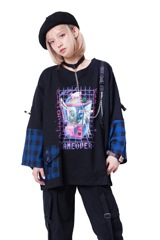 JillpunkオリジナルパンクKERA 銀河英雄キャッチャーUFOタータンチェック柄ゆったりチョーカー付き七分袖Tシャツカットソー ロリータメンズ レディー V系可愛いおしゃれ大きいサイズ男女兼用ファッション秋葉系萌え