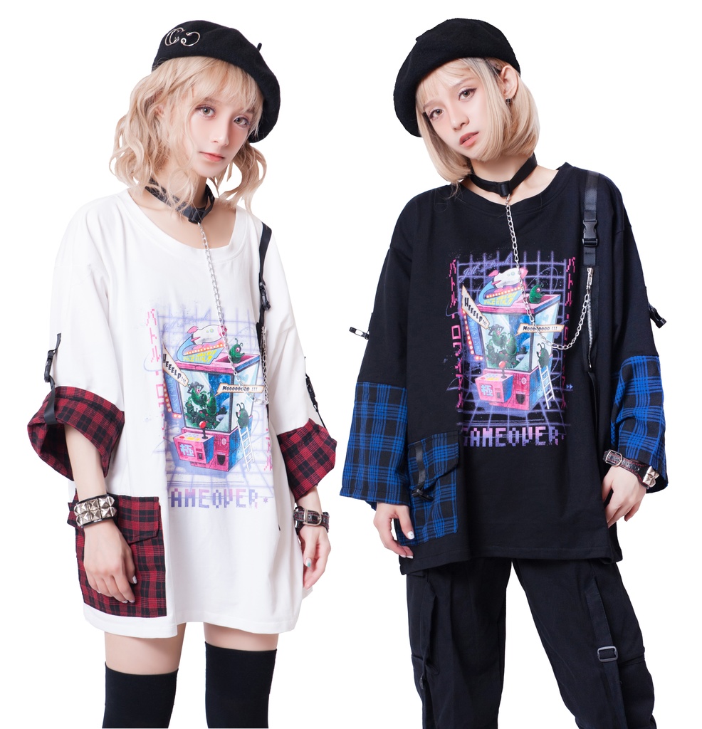 JillpunkオリジナルパンクKERA 銀河英雄キャッチャーUFOタータンチェック柄ゆったりチョーカー付き七分袖Tシャツカットソー ロリータメンズ レディー V系可愛いおしゃれ大きいサイズ男女兼用ファッション秋葉系萌え