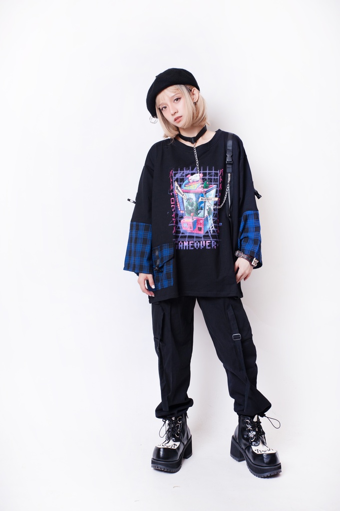 JillpunkオリジナルパンクKERA 銀河英雄キャッチャーUFOタータンチェック柄ゆったりチョーカー付き七分袖Tシャツカットソー ロリータメンズ レディー V系可愛いおしゃれ大きいサイズ男女兼用ファッション秋葉系萌え