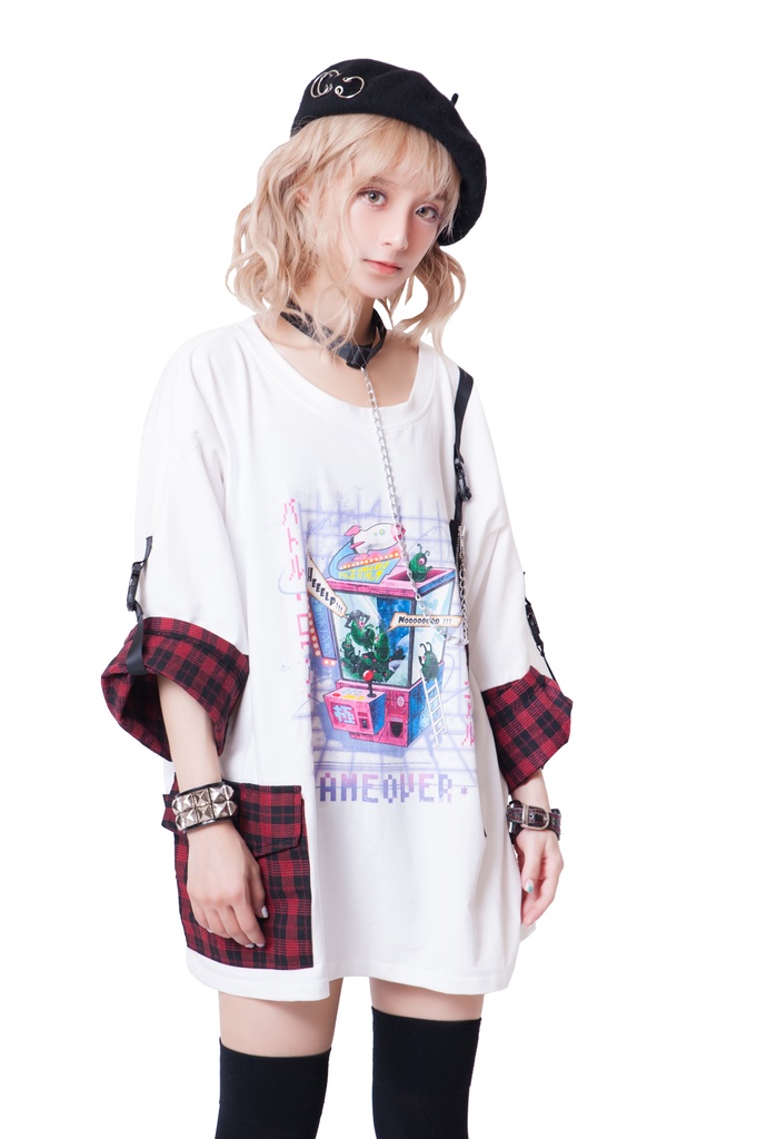 JillpunkオリジナルパンクKERA 銀河英雄キャッチャーUFOタータンチェック柄ゆったりチョーカー付き七分袖Tシャツカットソー ロリータメンズ レディー V系可愛いおしゃれ大きいサイズ男女兼用ファッション秋葉系萌え